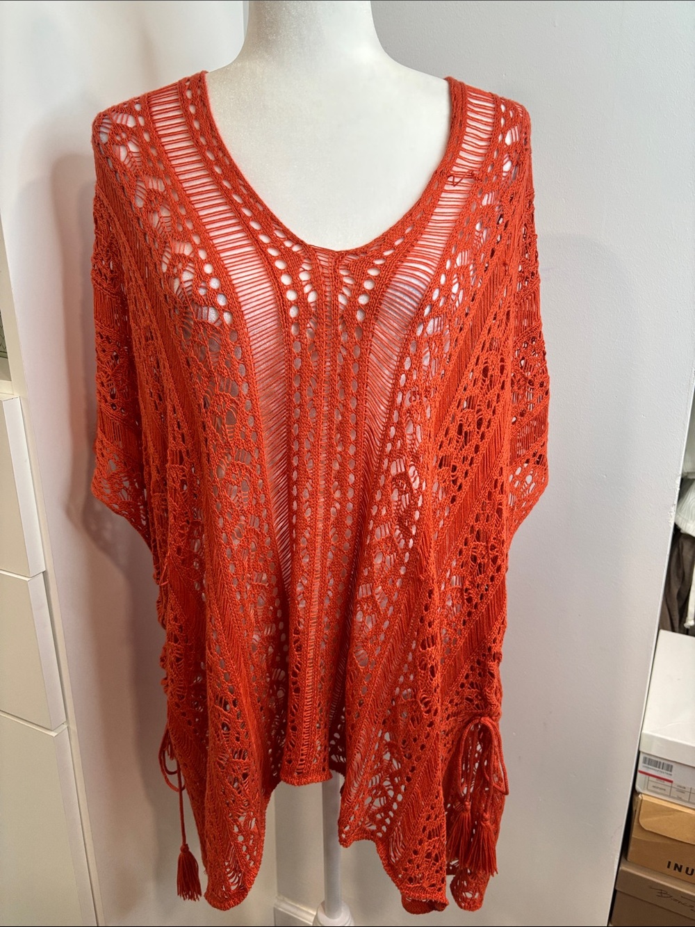 Open-Knit Tassel Swim Coverup in Bright Orange